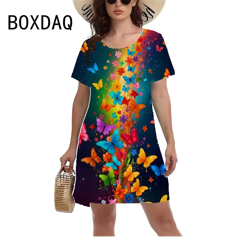 

3D Colorful Gradient Butterfly Printed Dress Summer Short Sleeve O-Neck Casual A-Line Dress Vestidos De Mujer