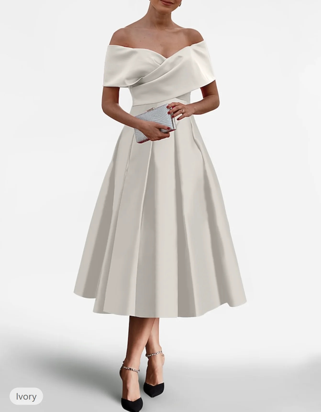 A-Line Cocktail Dresses Elegant Dress Wedding Guest Tea Length Short Sleeve Off Shoulder Satin