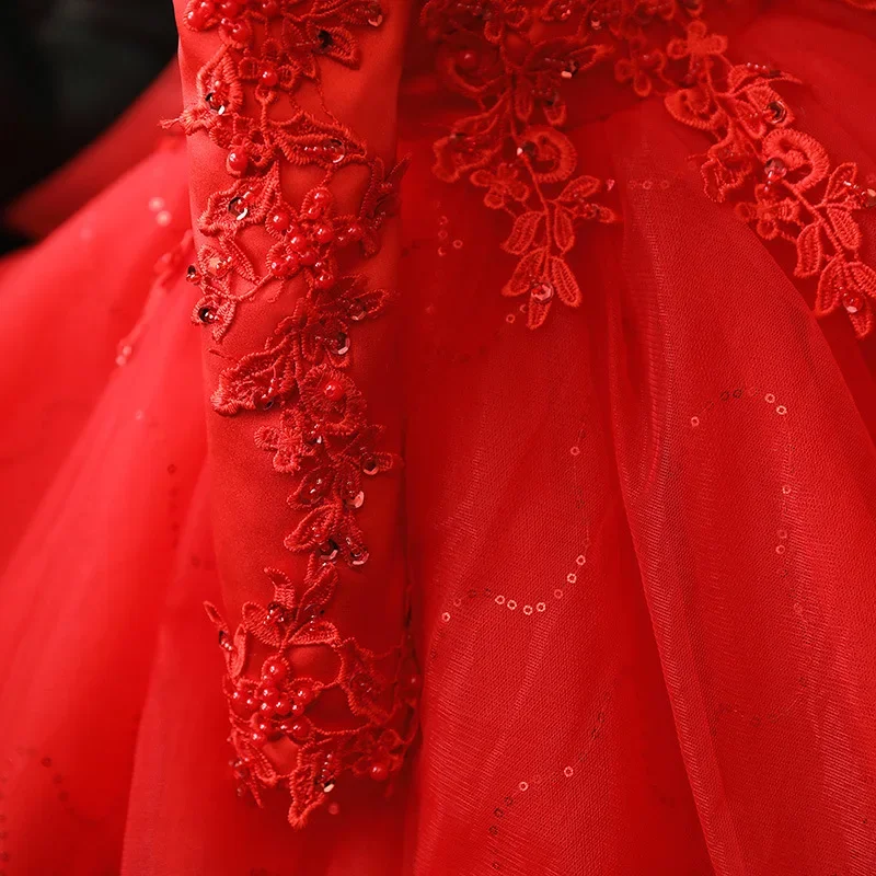 Robe à fleurs rouges pour bébé fille, manches longues, robe de fête de Noël, perles, dentelle, bébé, enfant, premier anniversaire, baptême, mariage