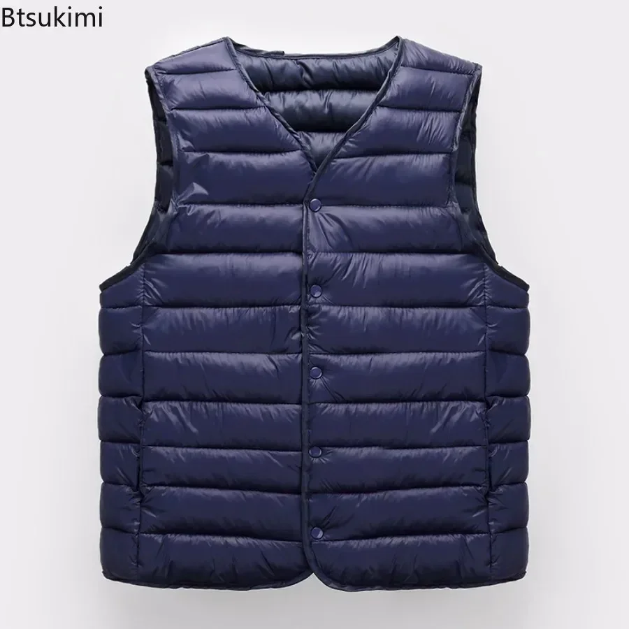 New 2026 Lightweight Down Cotton Vest for Men Autumn Winter Sleeveless V-neck Vest Jacket Male Warm Inner Wear Casual Waistcoat