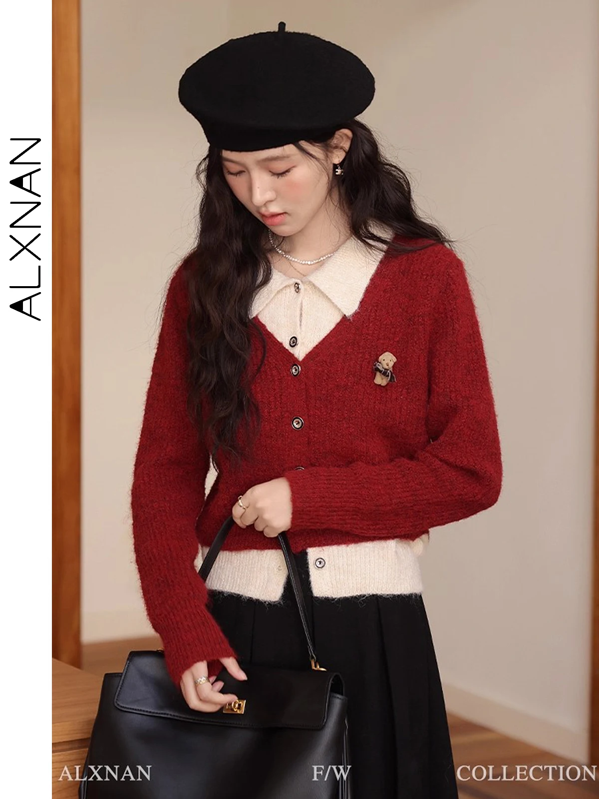 

ALXNAN Women's Red Knitted Cardigan Turn-Down Collar Single Breasted Sweaters 2025 Autumn Winter Fake Two Pieces Tops L51016-1