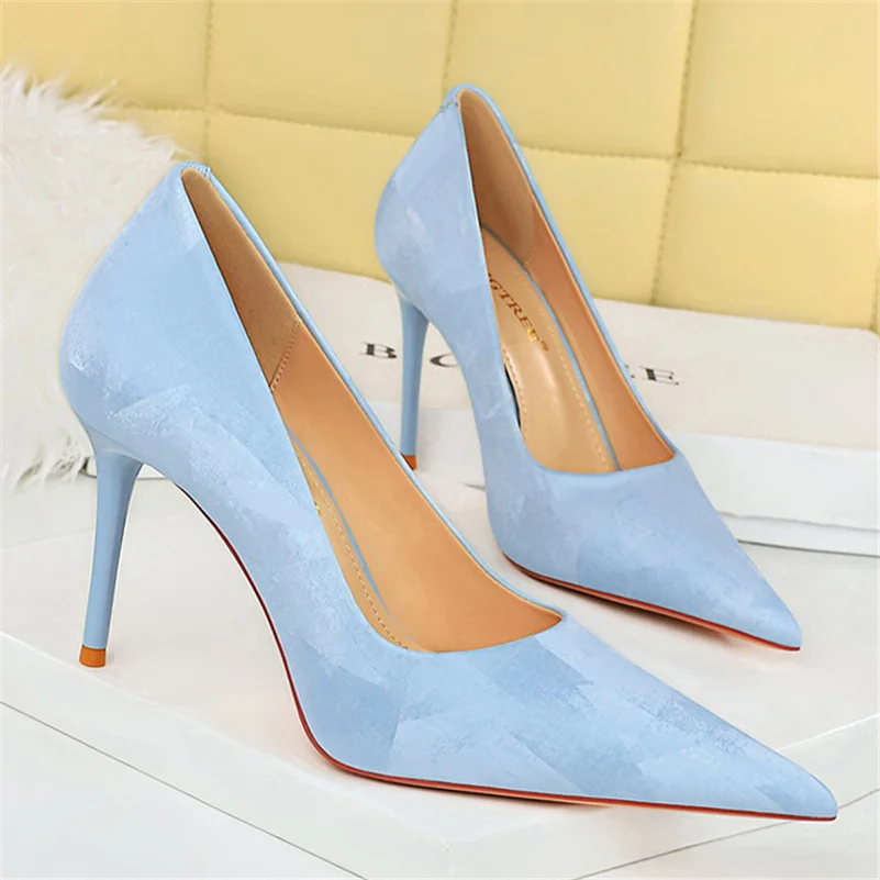 Luxury Women 10cm High Heels Classic Pumps Lady Plus Size 34-43 Wedding Bridal Stiletto Heels Blue Nightclub Party Sweet Shoes