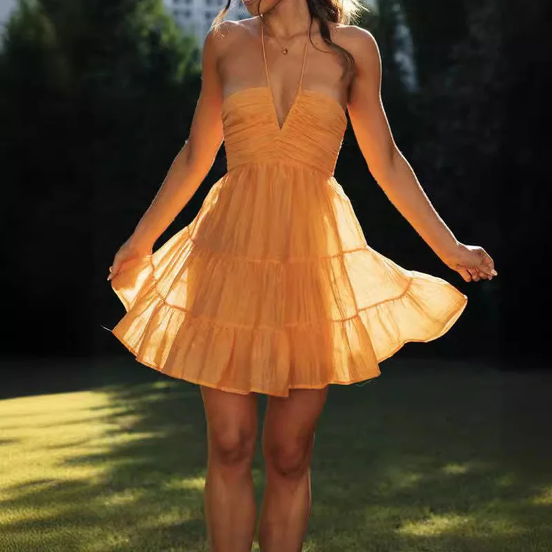 مثير بوهو الصلبة المرأة الصيف فستان قصير عادية عارية الذراعين الرسن الخامس الرقبة أكمام شاطئ فستان الشمس أنيقة فساتين قصيرة فام