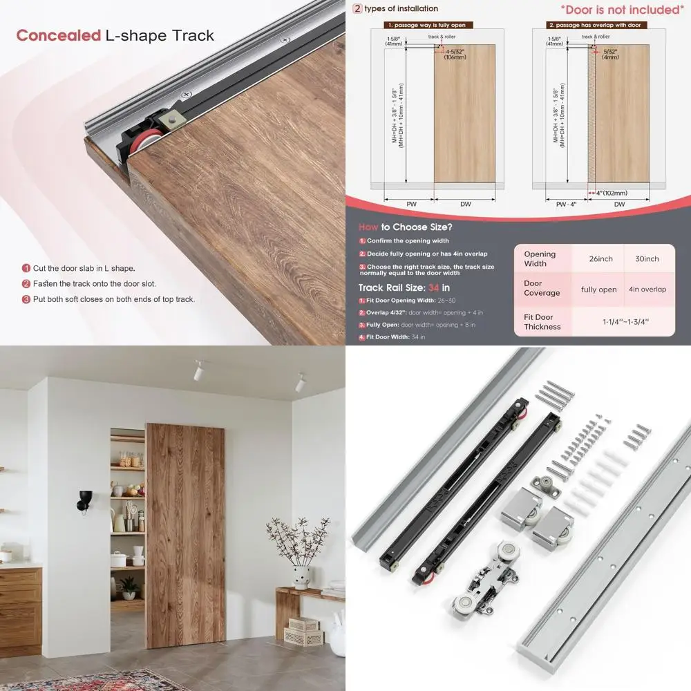 

Комплект скрытой фурнитуры для раздвижных дверей 34 дюйма с механизмом плавного закрывания или для проема 26 дюймов, скрытая фурнитура для раздвижных дверей, Wal