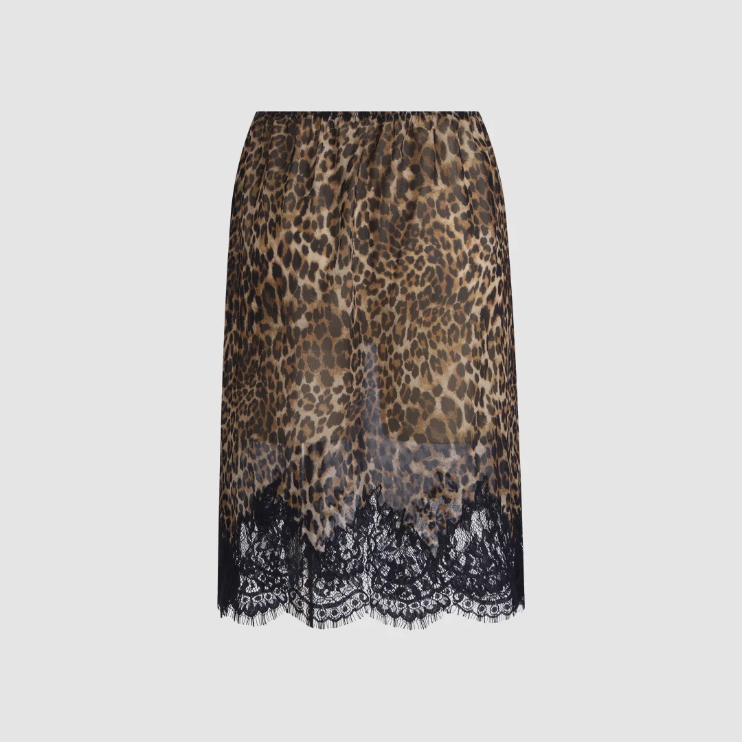 2026 Leopard Print Midi Skirt with Black Lace Hem - High-Waisted A-Line Silhouette for Chic & Feminine Styling