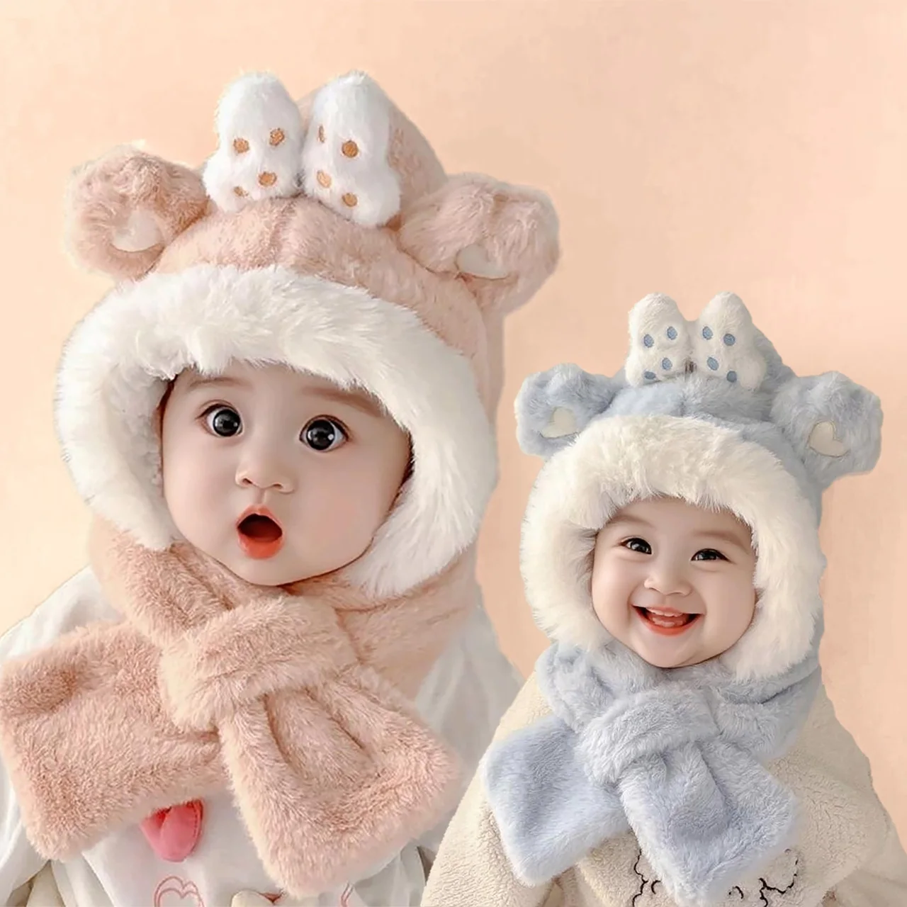 

Bow Girl Thermal Headgear Cap Baby Plush Scarf Hat Winter Infant Cross Neckerchief 0-2Year Kids Windproof Warm Ear Protection