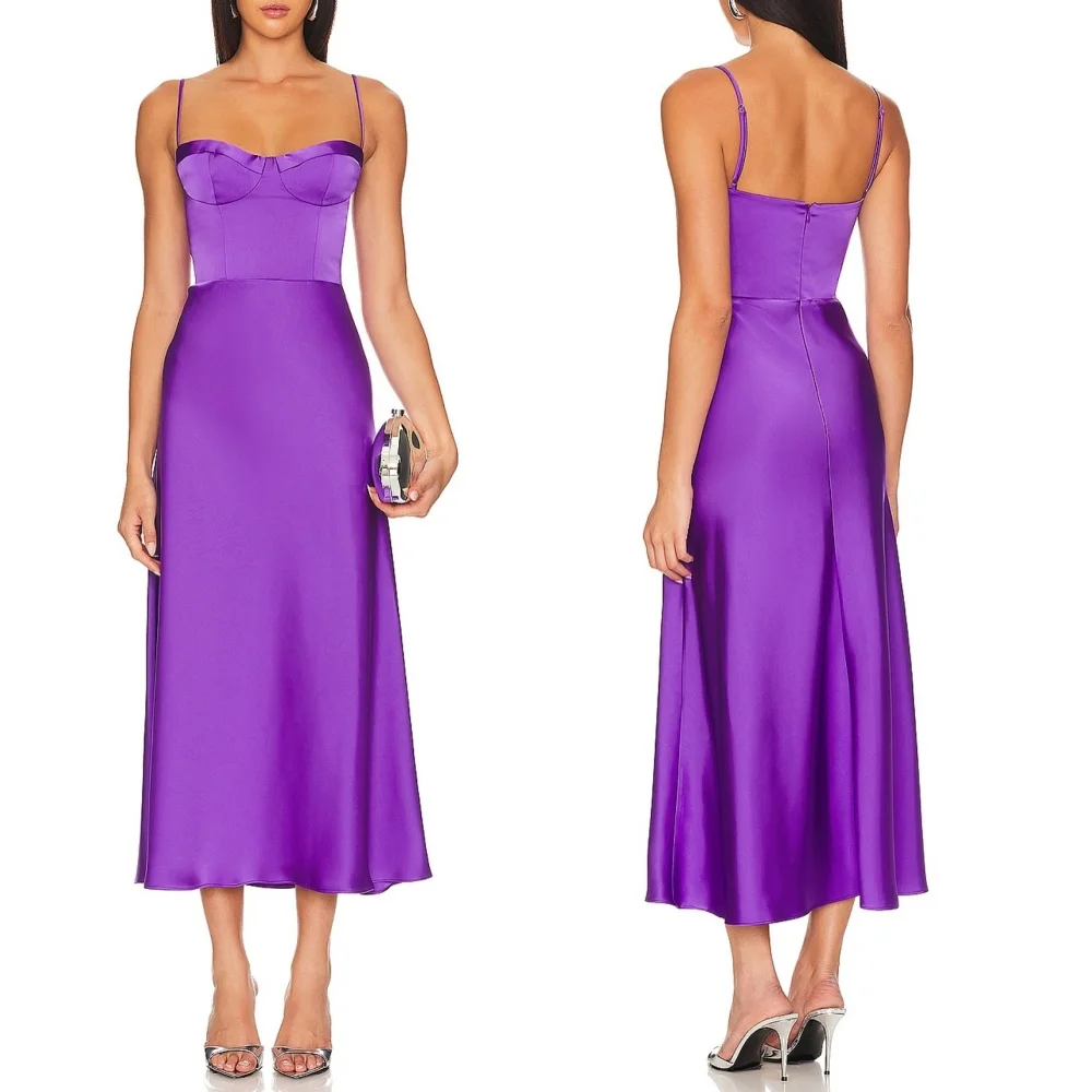Abiti midi a trapezio da sera viola chic personalizzati con cinturino per spaghetti Charmeuse Occasioni su misura Matrimonio elegante per feste di ritorno a casa