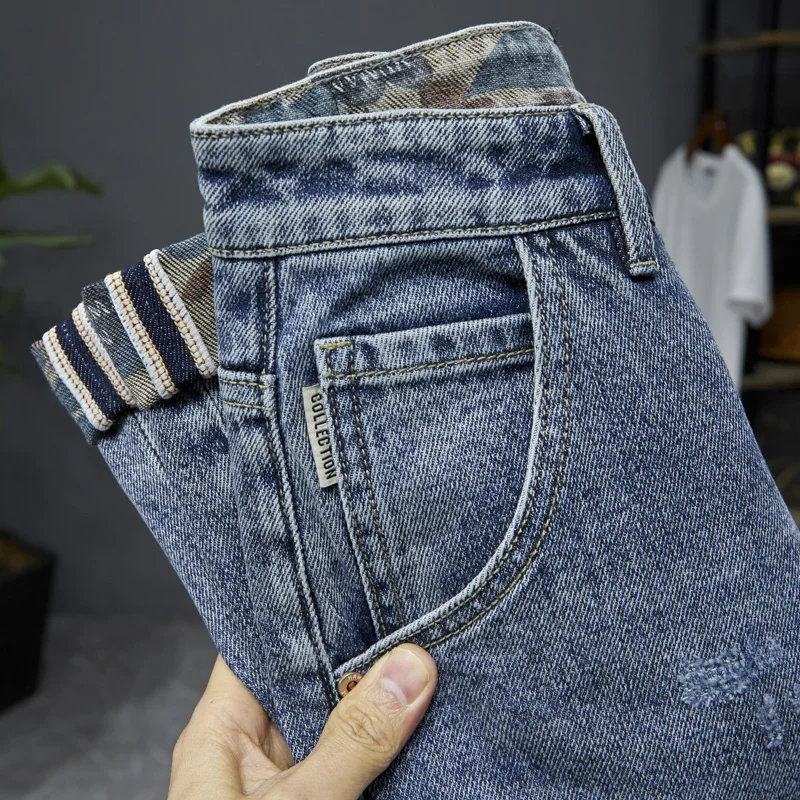 High-End Jeans Men's 2024 Spring and Summer New Retro Blue Water-Washing Embroidery Printed Pencil Pants Casual Slim-Fit Pants