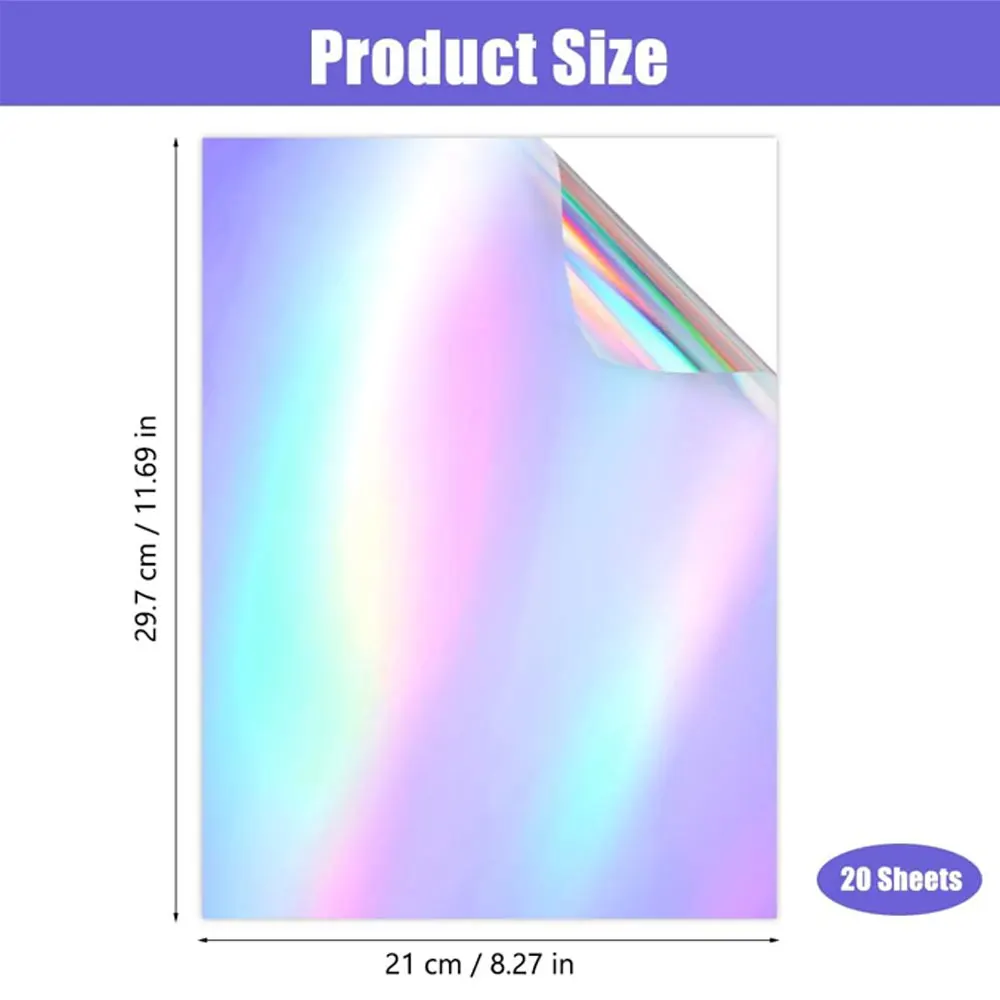 20 Sheets A4 Color Holographic Stickers, Vinyl Printable Stickers, Self-Adhesive and Waterproof, Suitable for DIY Projects.