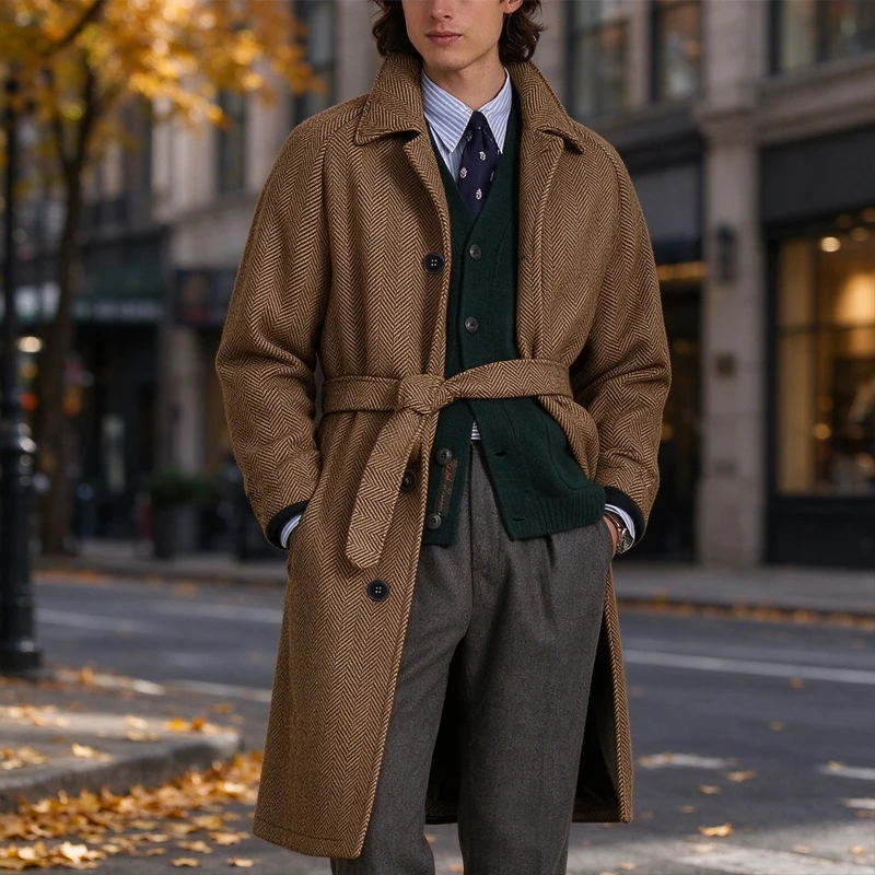 British Style Men's Herringbone Pattern Wool Coat Lapel Collar Belt Waist Long Overcoat Autumn Winter Casual Business Outerwear