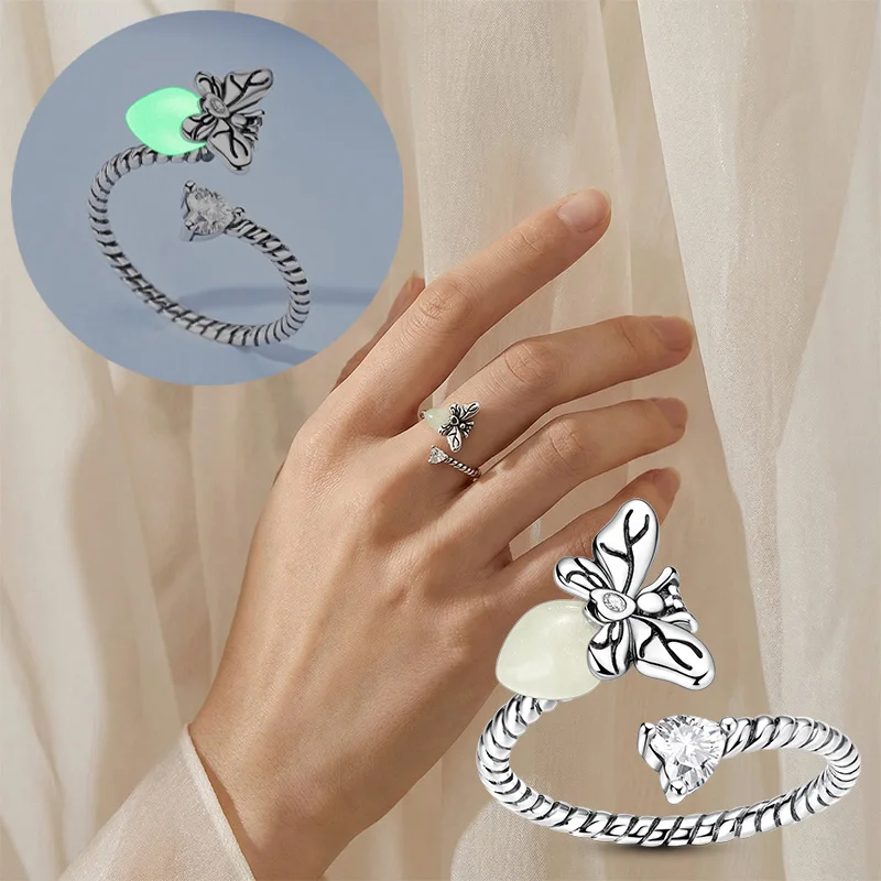 

Original 925 Sterling Silver Open Ring For Women Girl Firefly Luminous Adjustable Ring Fashion Jewelry Gift
