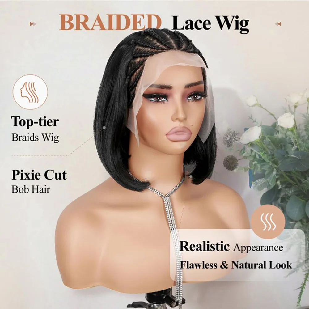 13X6 Lace Front Braided Wigs for Black Women Synthetic Short Straight Bob Wigs with Braid 12 Inch Short Cornrow Braided Wigs