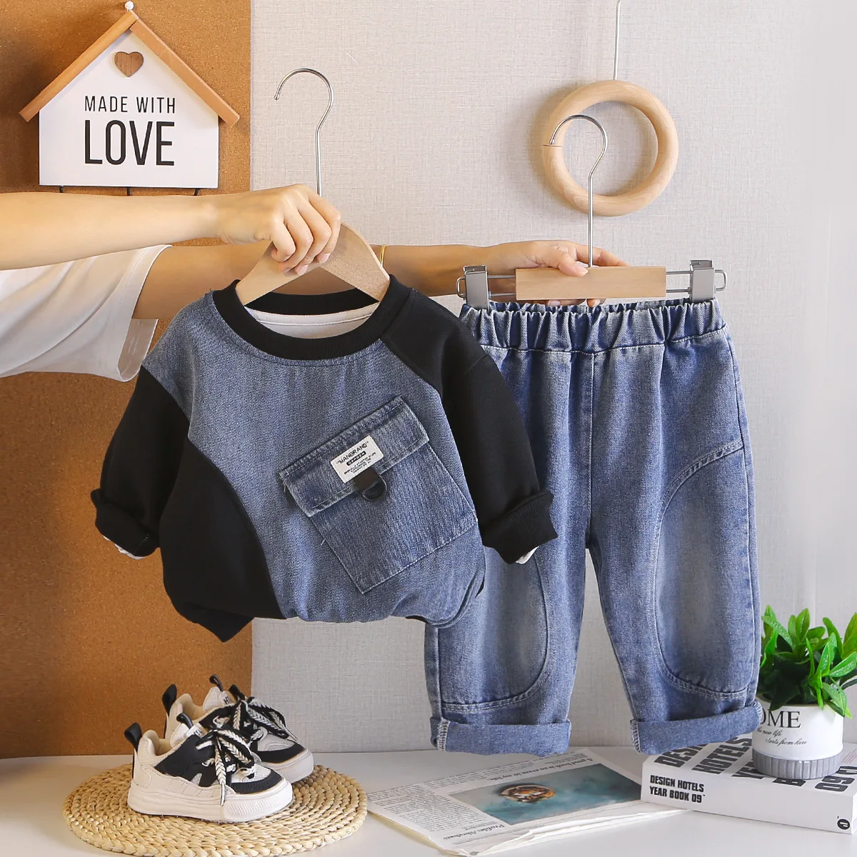 0-5 Years Baby Boy Fall Clothing Kids Clothes 2026 Spring Autumn Denim Patchwork Sweatshirt Tops and Pants 2PCS Boys Outfit Set