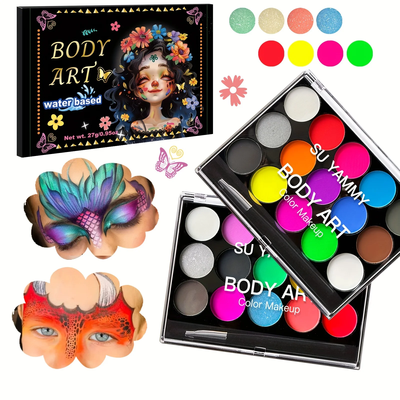 Water-activated Makeup Palette, Water-soluble 15-color Facial Eyeliner Palette Paint Body Makeup, Halloween Parties And Cosplay