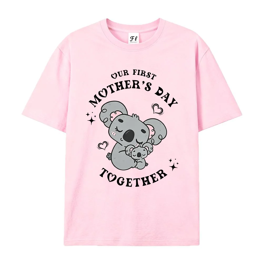 Women T Shirt Our First Mothers Day Together Cute Koala Print White Oversized Short Sleeve Cotton Top Loose Graphic Tees