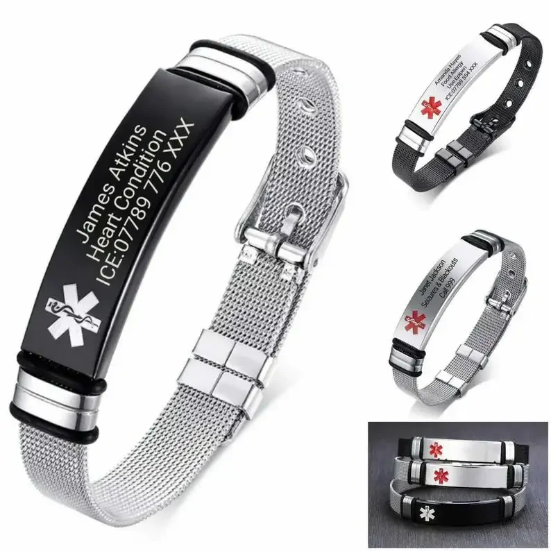

Customised Personalised Engraving Medical Alert Bracelet Stainless Steel ID Name Bracelets for Men Woman ICE Jewelry