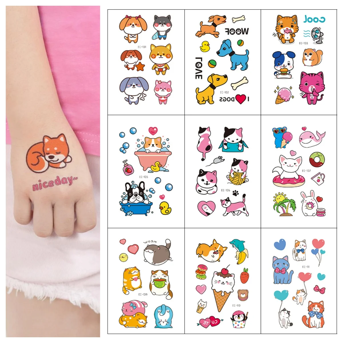 Cute Cartoon Waterproof Temporary Tattoo Sticker Cat Dog Pets Design Fake for Girl Boy Festival Activities Daily Decor Body Art
