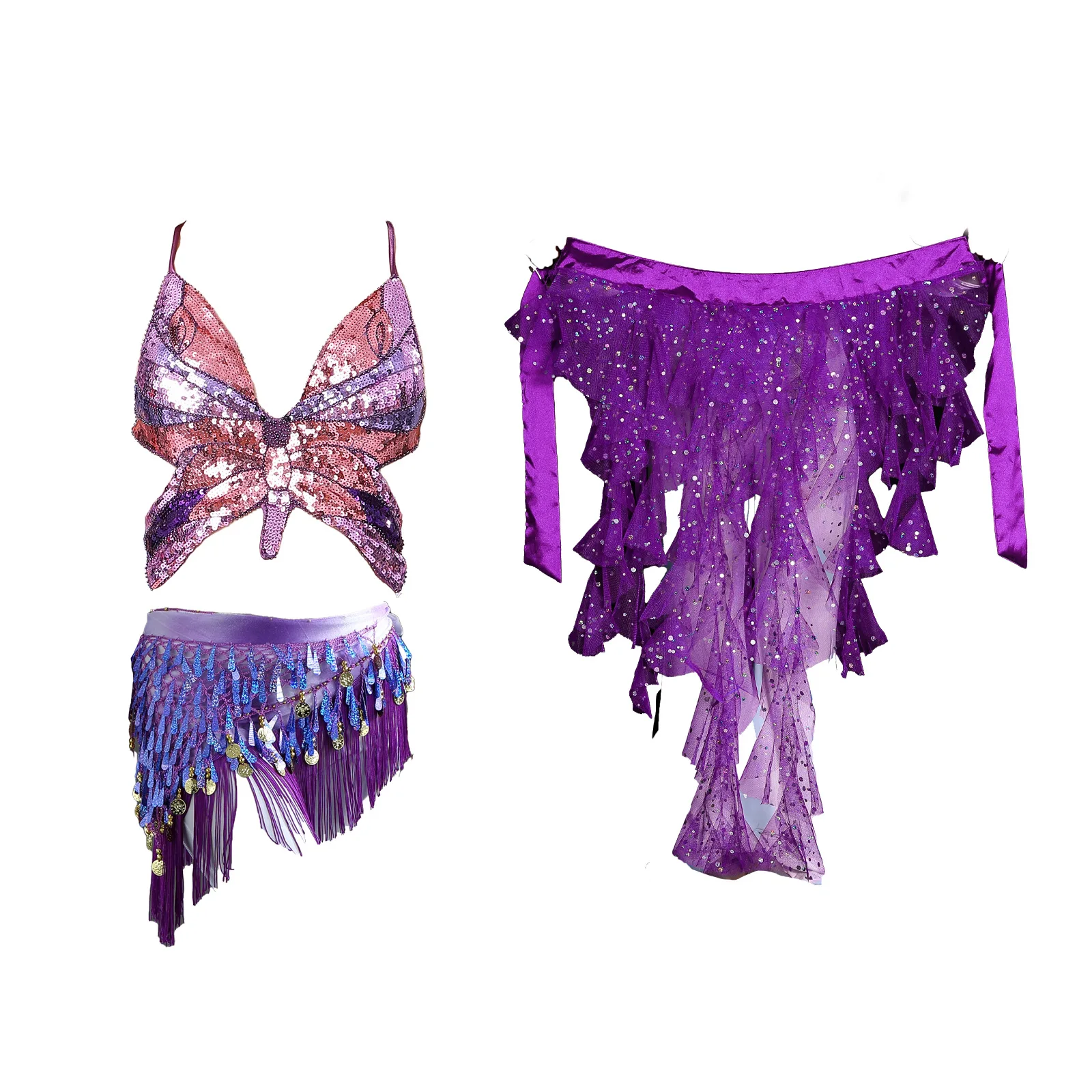 

Belly Dance Costume Women Butterfly Top Tassel Waist Belt Hip Scarf Practice Wear 2025 New Gypsy Dancer Outfit Silver Rave Suit
