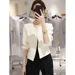 2023Women's Spring Autumn New Fashion Elegant Solid Color Round Neck Simple Commuter Long Sleeve Slim Fit Short Suit Coat