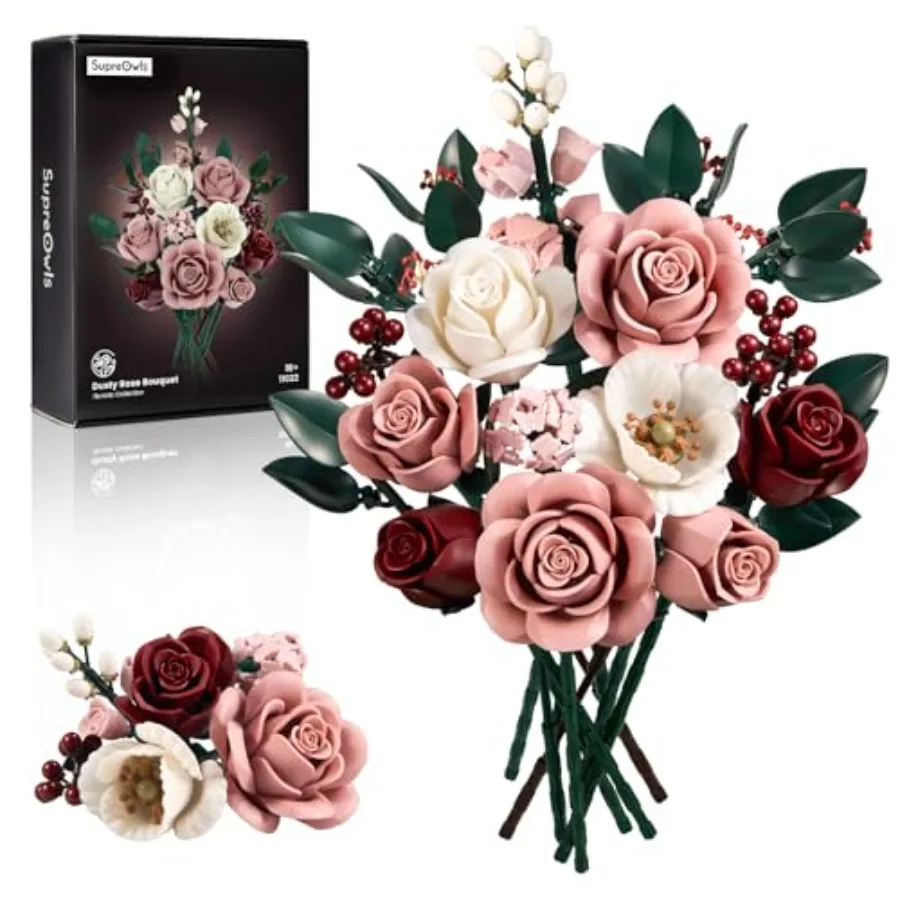 

Pink Roses Flower Bouquet Building Set, Artificial Flowers Botanical Collection Kit for Adults Women and Men - Gift for Mothers