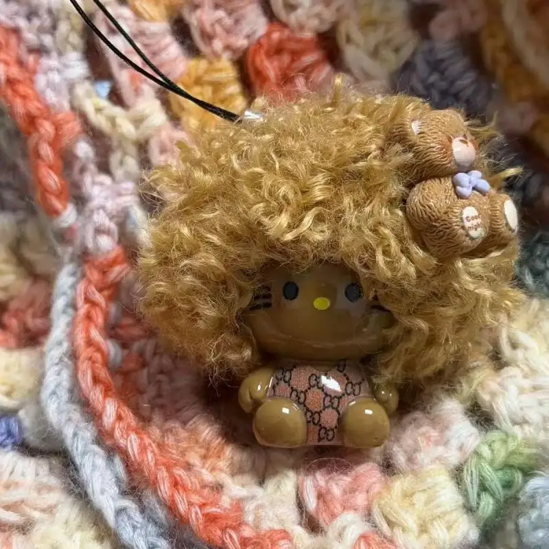 

Sanrio Black Skin Hello Kitty Curly Hair Plush Stuffed Keychain Camera Chain Backpack Phone Hanging Ornament Girl Birthday Gift