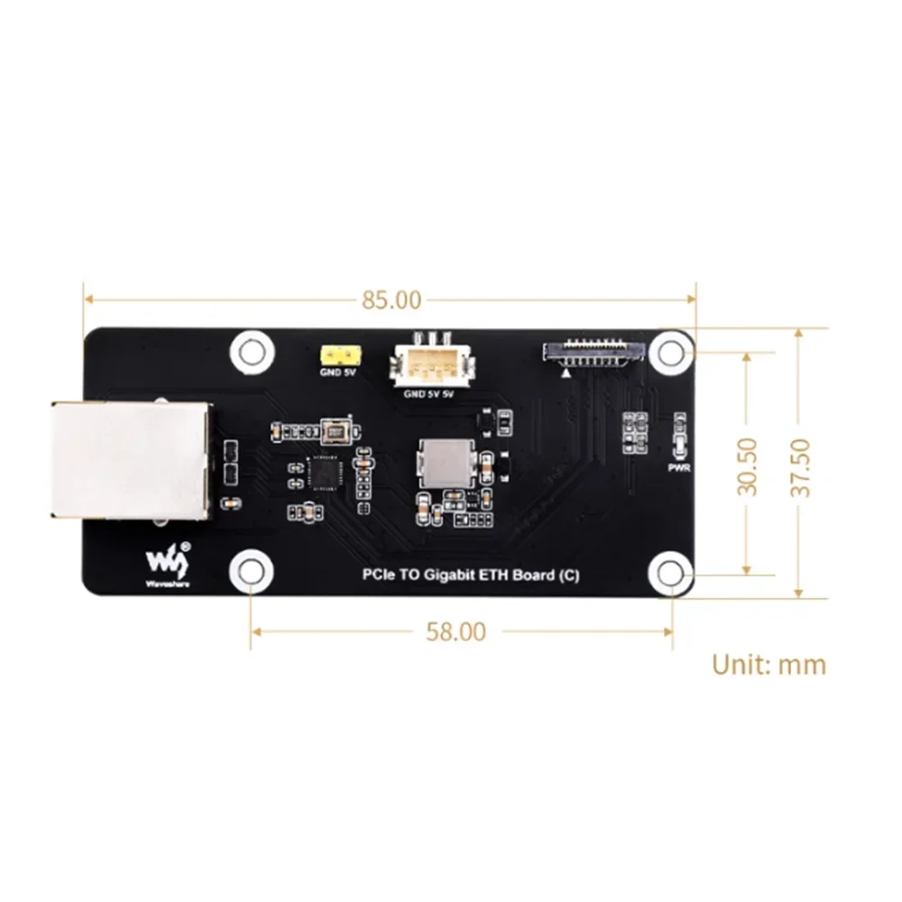 Raspberry Pi 5 dedicated PCIe to Gigabit Ethernet port expansion board side installation, no drive plug and play