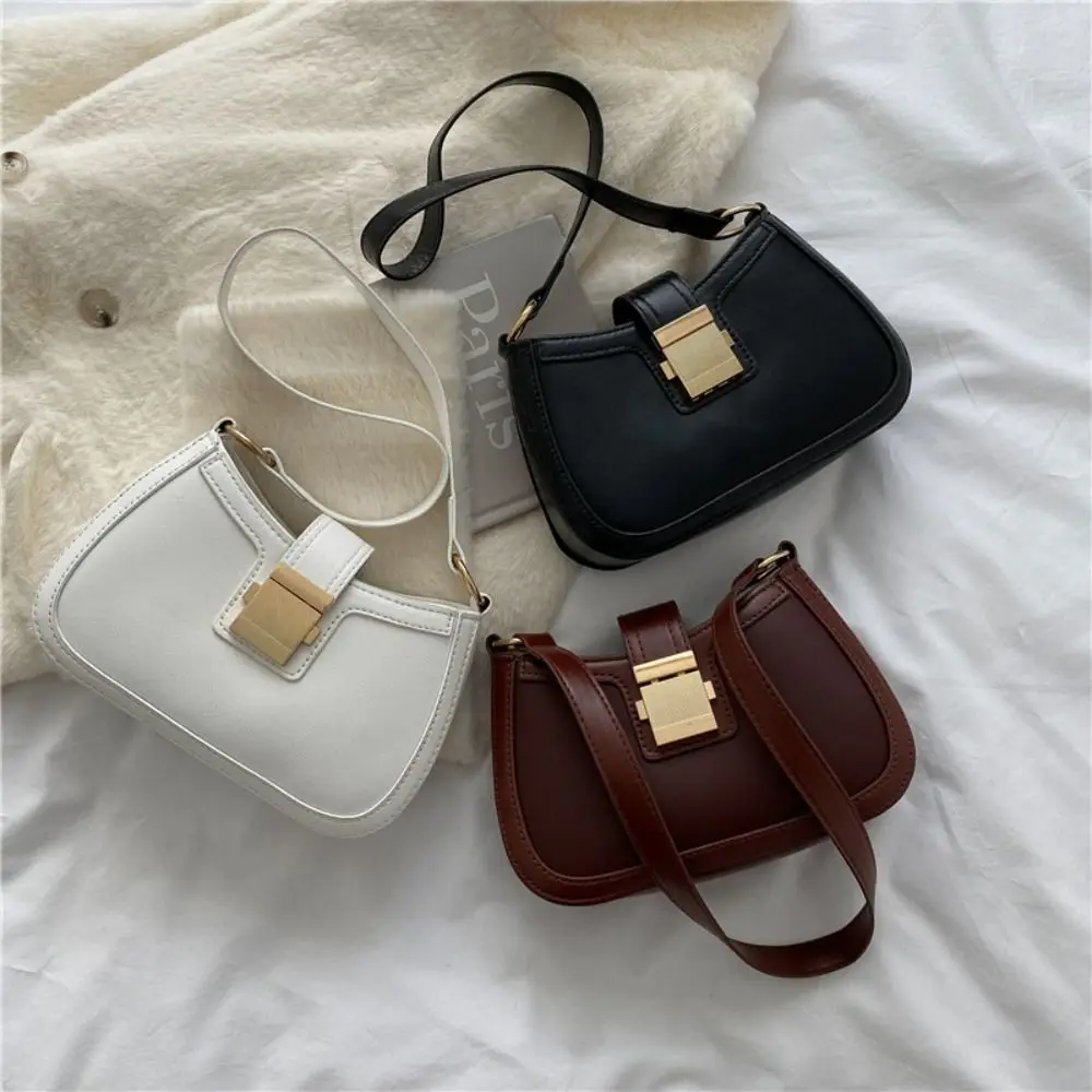 Ladies Trendy Vintage Underarm Bag Solid Color PU Leather Shoulder Bags Fashion Simple Handbag Female Purse