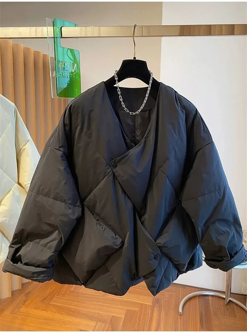 High-end Design Irregular Cotton Jacket Women Winter New Loose Zipper Womens Coat Basic V-neck Woman Outwear