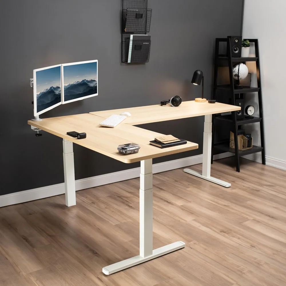 Electric Height Adjustable 83 x 60 inch Corner Stand Up Desk, 2 Light Wood Solid Table Tops, White Frame, Memory Controller