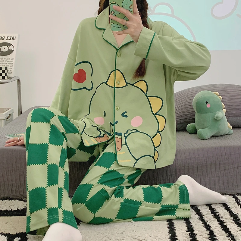 Autumn Women Pajamas Sets Clothes Cotton Long Sleeve Sweet Sleepwear Cartoon Dinosaur Print Adult Pijama Loungewear Pyjama Pour