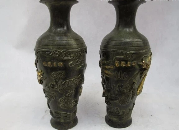 China Folk Classic Bronze Gilt Royal Dragon phoenix Play phoenix Vase Pair