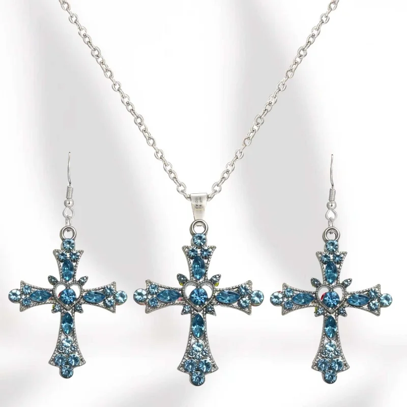 New Style Chic Diamondstudded Blue Cross Pendant Necklace And Earrings  Perfect For Women As A Personalized Jewelry Gift.