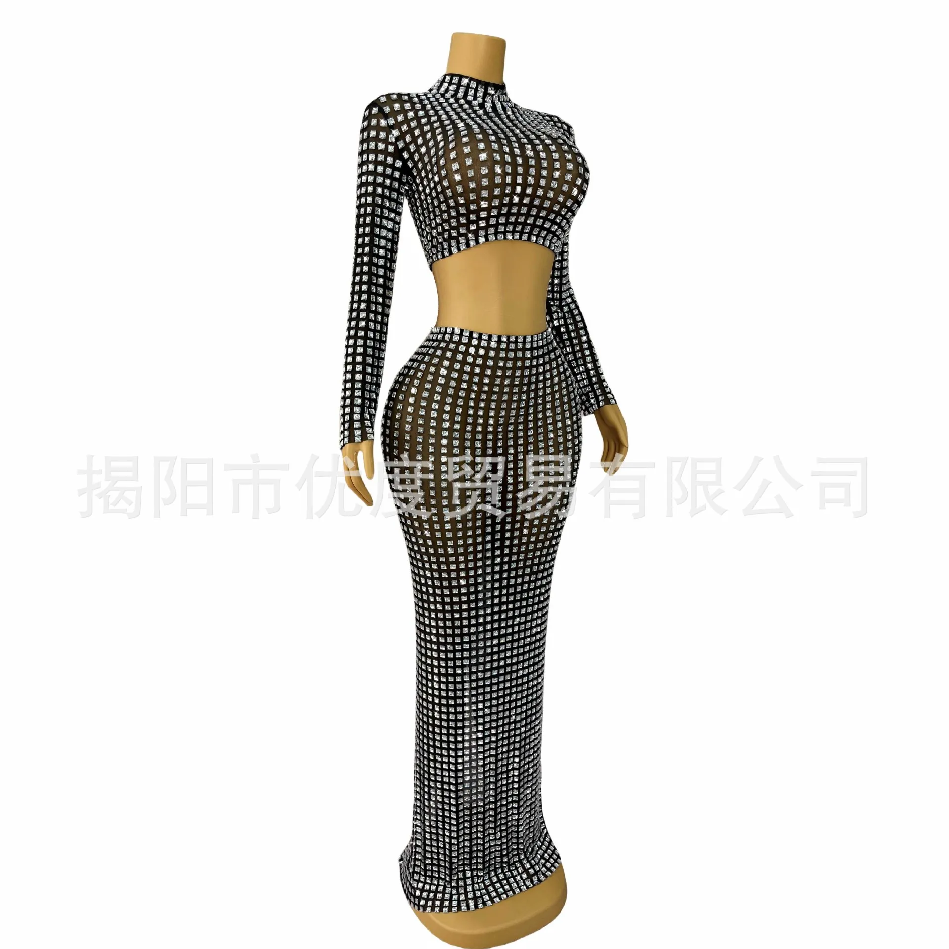 Black High-end Bright Rhinestone Waist Two-piece Set, Cocktail Party Birthday Red Carpet Party Performance Square World Vestidos