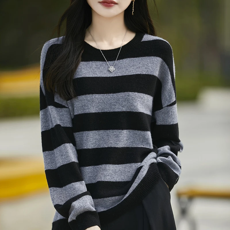 100% Merino Wool Knitted Sweater Women's 2024 Autumn/Winter Fashion O-Neck Stripe Tops Soft Warm Loose Pullover Female Clothes