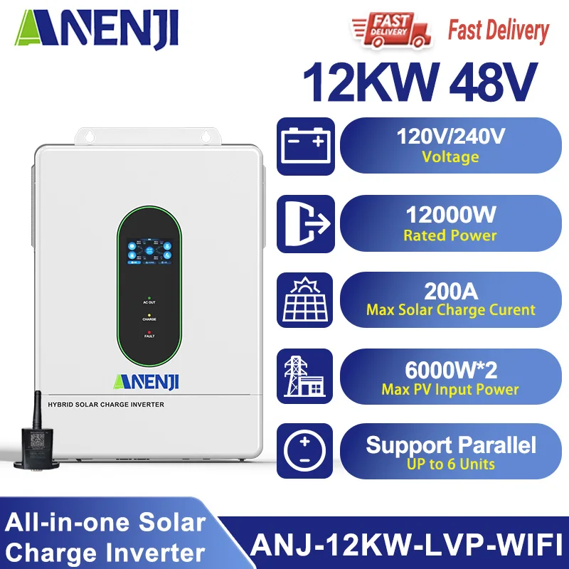 

ANENJI Solar Inverter 12KW 48V Pure Sine Wave 50Hz Built-in MPPT Output 120V Low Voltage Inverter Support Parallel