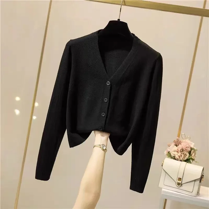 Black Cropped Cardigan Female Clothing Jersey Blouses Women\'s Coat Spring 2024 Long Sleeve Top Korean Fashion Knitted Sweater