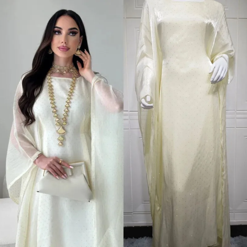 

Muslim Bat-Sleeve Maxi Dress Elegant Crystal-Embellished Maxi Dress Ramadan Abaya For Women Plain Solid-Colored Pullover Dress