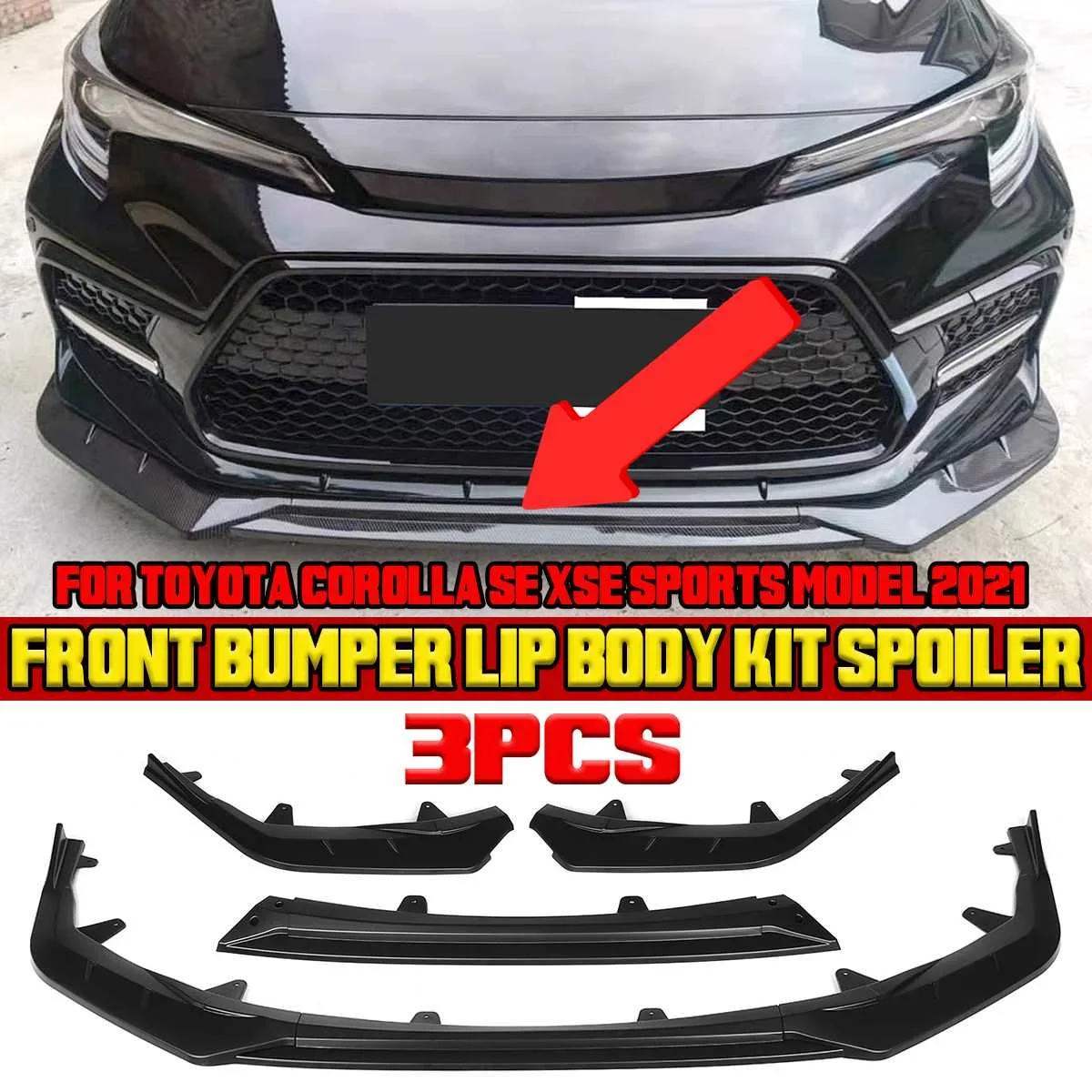 

3PCS Black/Carbon Fiber Look Car Front Bumper Lip Spoiler Splitter Diffuser For Toyota Corolla SE XSE Sports Model 2021 Body Kit