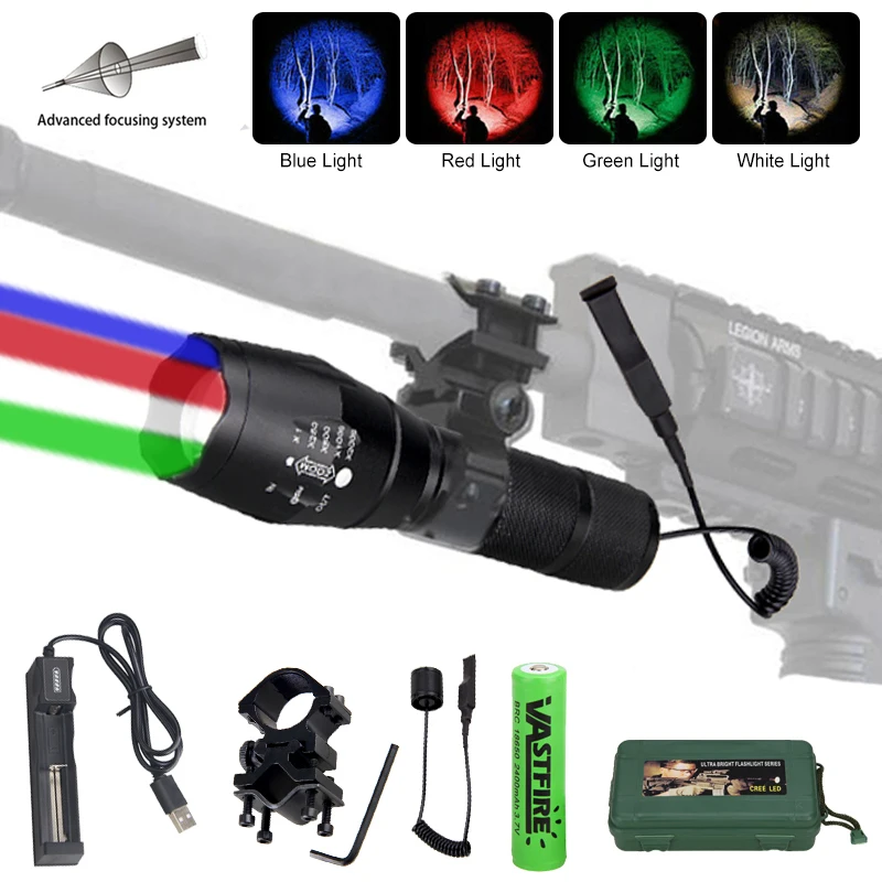 4in1 LED Tactical Flashlight Zoomable Red/Green/White/Blue Weapon Light Remote Switch Hunting Rifle Scope Mount Scout Lights Set