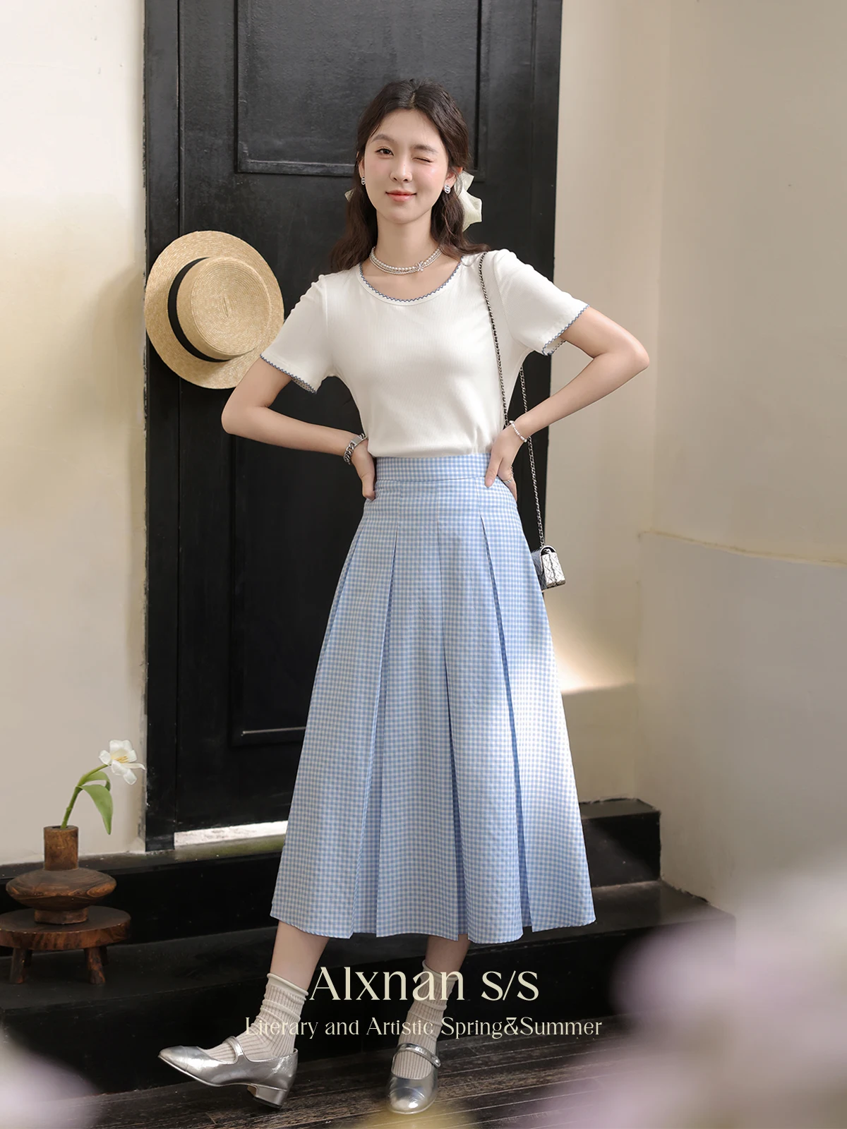 ALXNAN Plaid Midi Skirts Women 2024 High Waist A-line Casual Pleated Elegant Holiday Fashion Skirt Women's Summer Clothes L38203