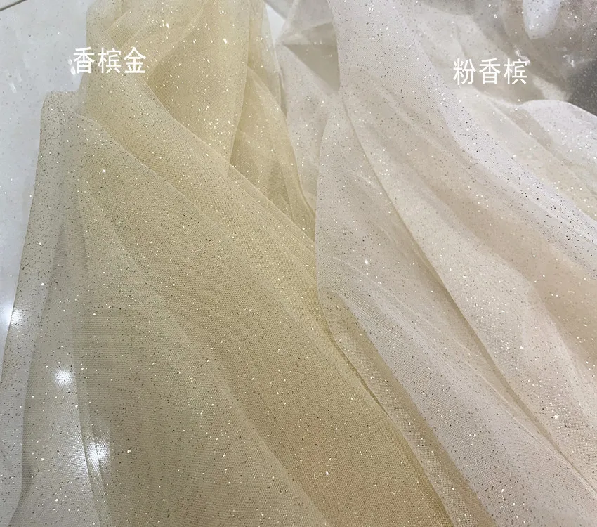 Champagne White and Black Fine Glitter Mesh Draping Fabric for Wedding Scene Background Layout Shiny Dress Fabric