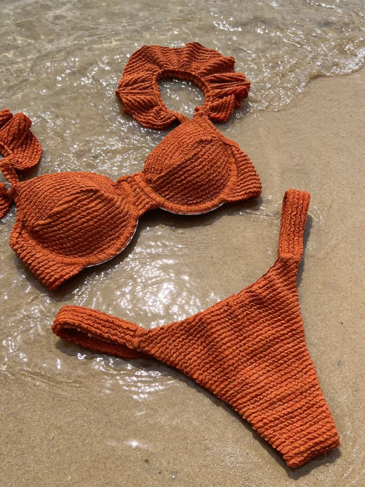 

Купальник 2026: Коричневое бикини-стринг с высокой посадкой, пляжный костюм с оборками, купальник в рубчик, женский пляжный комплект