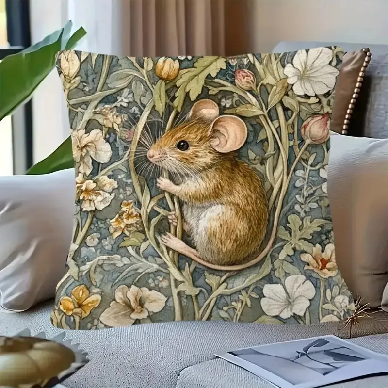 1pc Cottage Living Room Mouse Pillow Cover, Polyester 2D Double-Sided Print, Floral Field Mouse Cushion, Animal & Nature Lover G