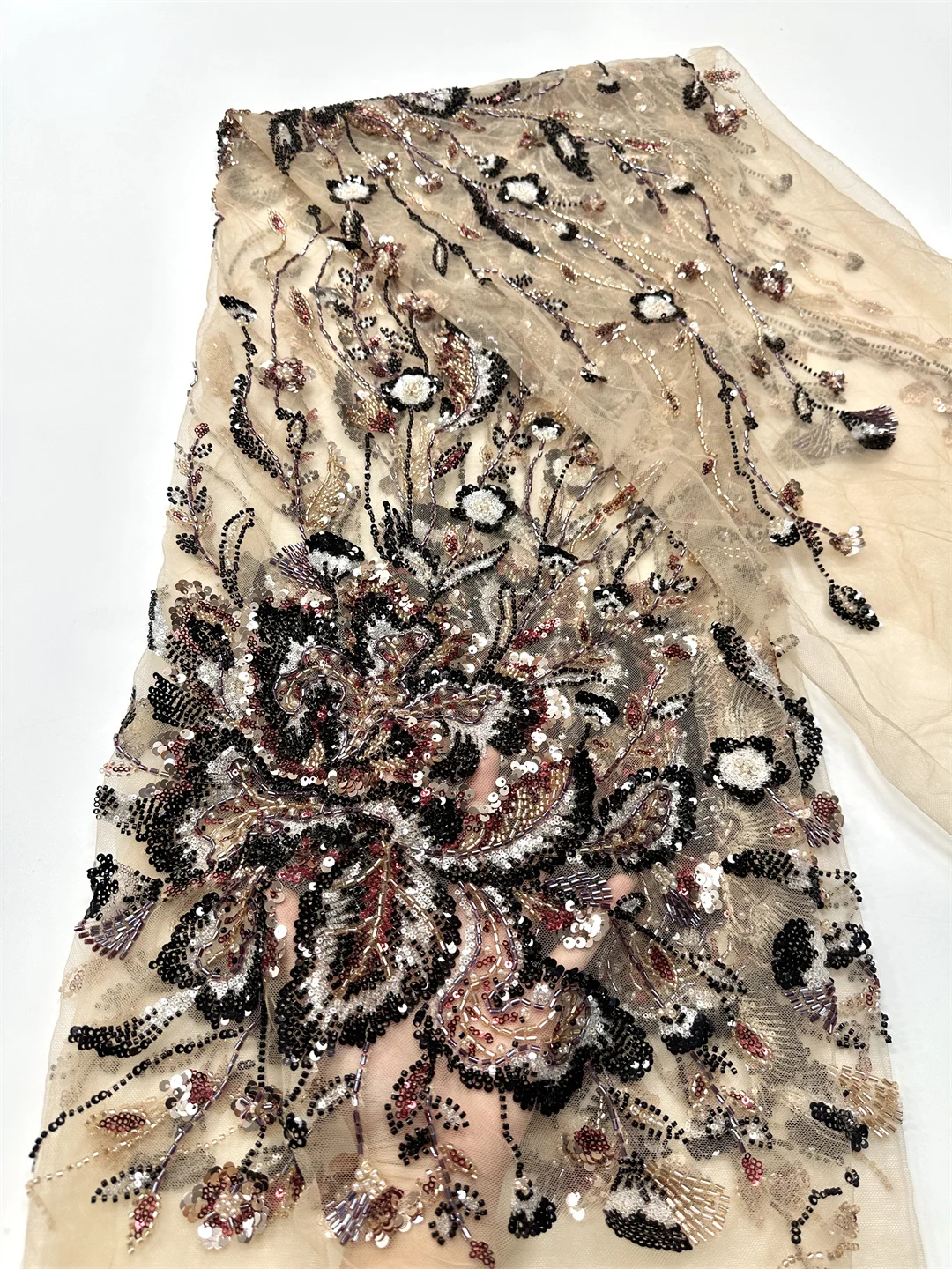 Kain Renda Berhias Manik-Manik Elegan 2025 Kain Renda Jala Prancis Afrika Berkualitas Tinggi Kain Renda Manik-Manik Nigeria Mewah Berpayet untuk Gaun