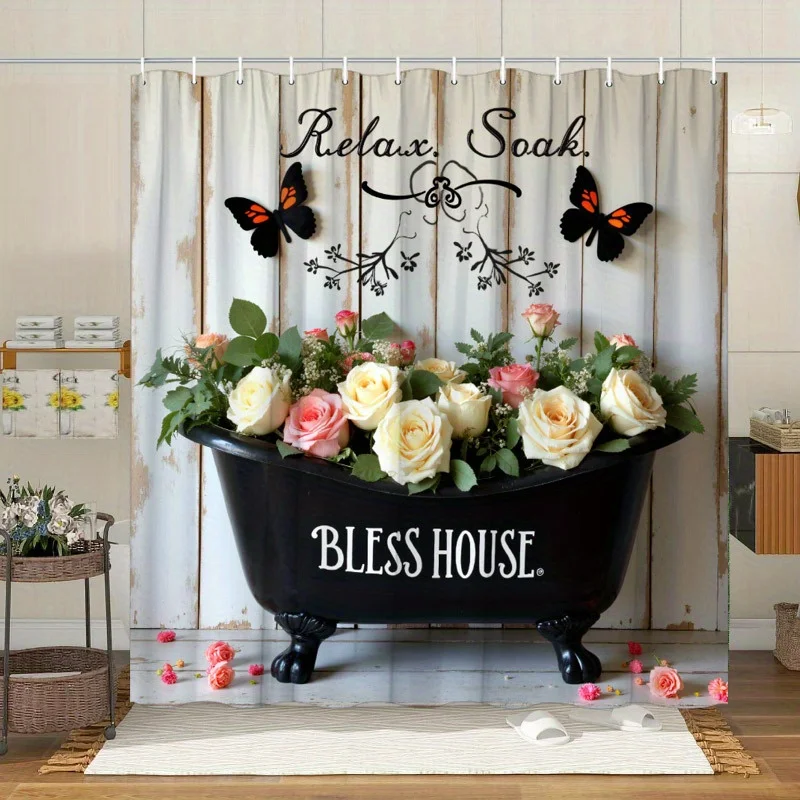 ستارة حمام ريفية عتيقة - ورود بيضاء ووردية، فراشات، اقتباس مريح، 12 خطافًا، ديكور حمام هادئ #2