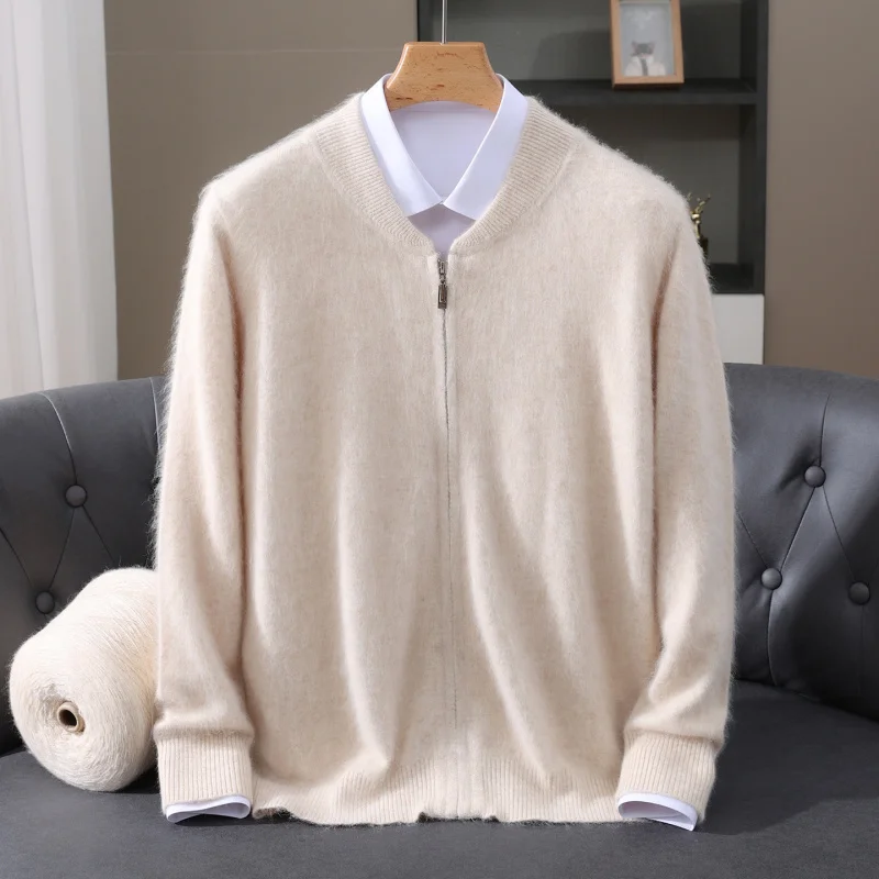 سترة صوفية محبوكة من كشمير المنك للرجال، مقاس فضفاض، ياقة واقفة، سحاب، لون سادة كاجوال، قميص قاعدة من الكشمير، معطف، سترة