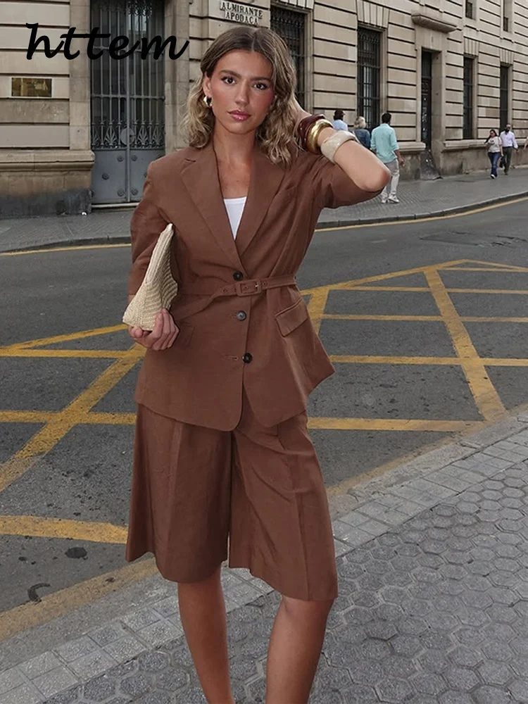 

Street Brown Blazer Shorts Sets Women Belt Lapel Buttons Suit Jacket Zippers Wide Leg Short Pants 2025 Summer Lady Fashion Suits