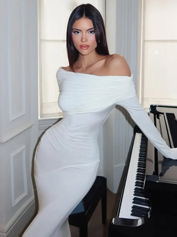 Chaxiaoa ombro inclinado manga longa sexy maxi vestido feminino outono moda sem alças cintura alta ruched bodycon clube vestido longo