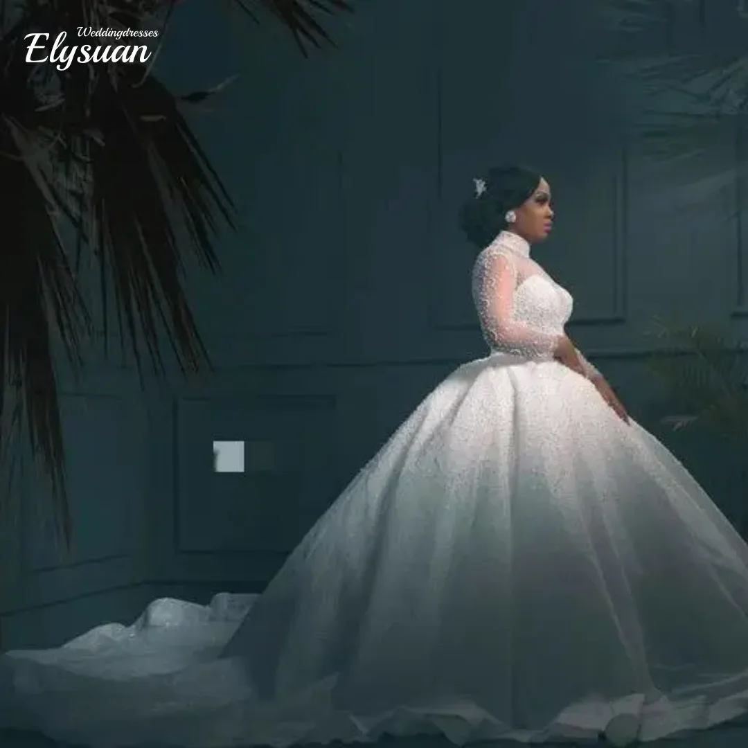 Customized New Appliqued Halter Pearls Beaded Bridal Dresses White Cheap Plus Big Size Long Sleeve Puffy Ball Gown Wedding Dress
