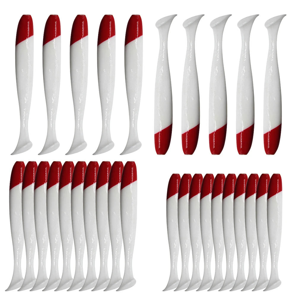 10 Uds gusano Artificial Swimbait 5,5/6,3/7cm cabeza roja cuerpo blanco cola en T cebo PVC suave peces Wobblers accesorios de pesca